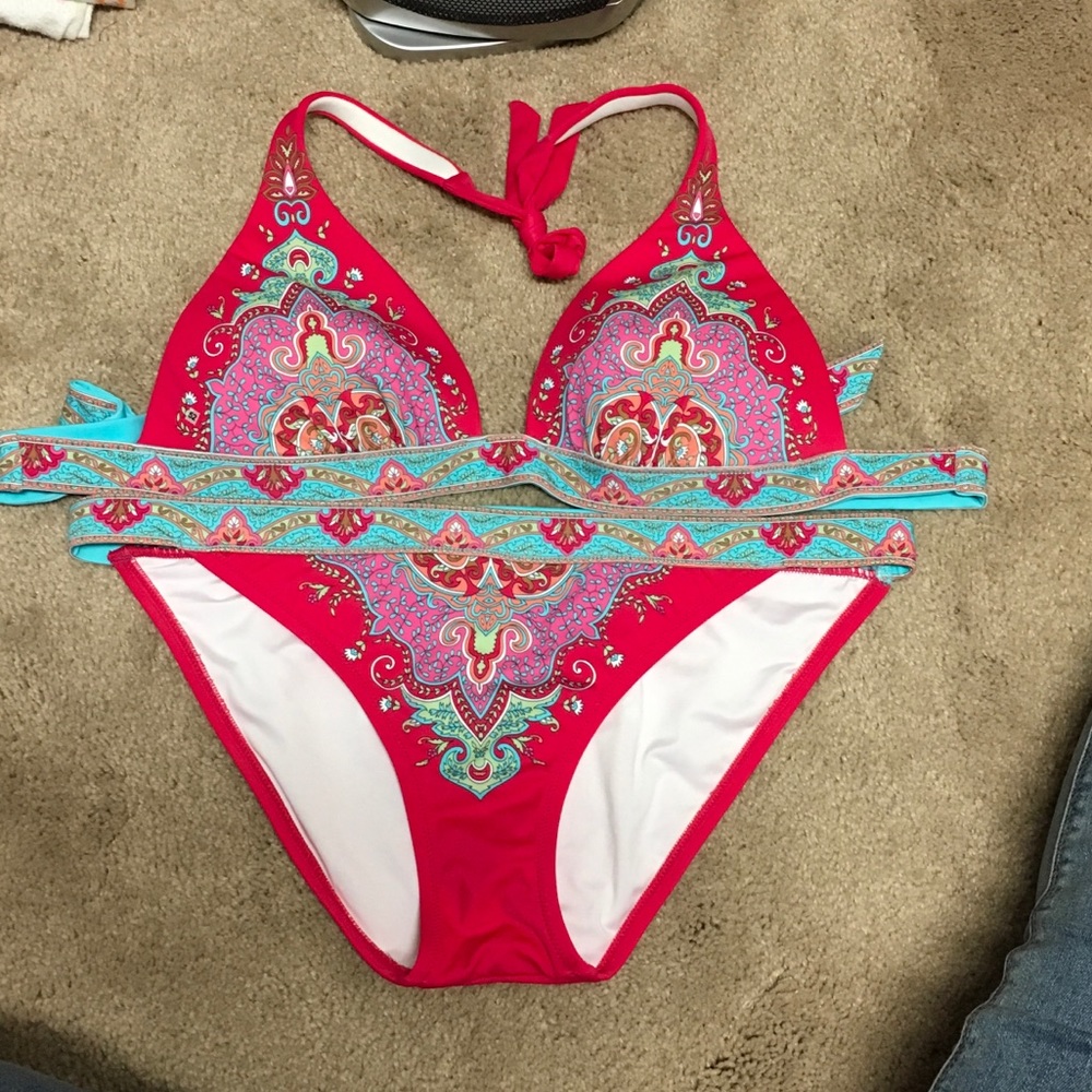 Red patterned Victoria's Secret bathing suit. Size L